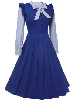 Sale Retro Stage 2Pcs 1950s Tie Neck Stripes Blouse & Ruffles Vest Dress Blue