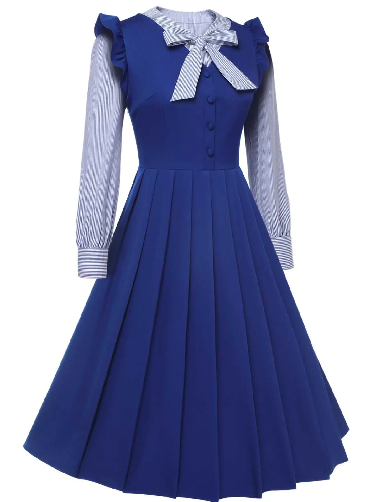 Sale Retro Stage 2Pcs 1950s Tie Neck Stripes Blouse & Ruffles Vest Dress Blue
