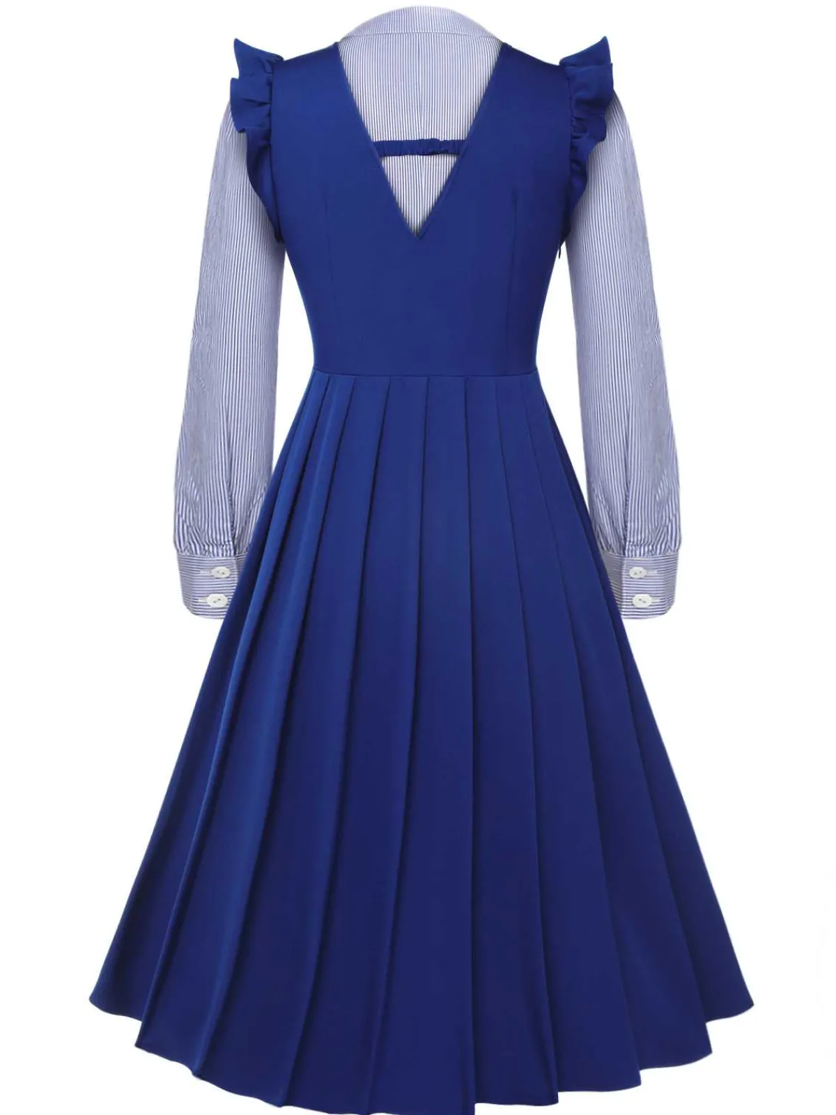 Sale Retro Stage 2Pcs 1950s Tie Neck Stripes Blouse & Ruffles Vest Dress Blue