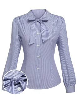 Sale Retro Stage 2Pcs 1950s Tie Neck Stripes Blouse & Ruffles Vest Dress Blue