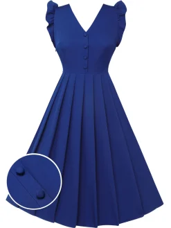 Sale Retro Stage 2Pcs 1950s Tie Neck Stripes Blouse & Ruffles Vest Dress Blue