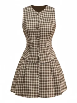 Hot Retro Stage 2PCS 1960s Gingham Plaid Pleated Vest & Skirt Brown