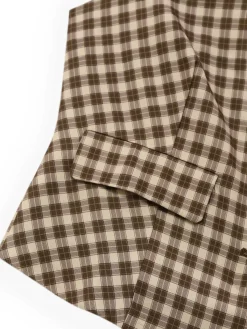 Hot Retro Stage 2PCS 1960s Gingham Plaid Pleated Vest & Skirt Brown