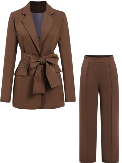 Outlet Retro Stage 2PCS 1960s Lace-up Blazer Coat & Pants Suit Set Brown