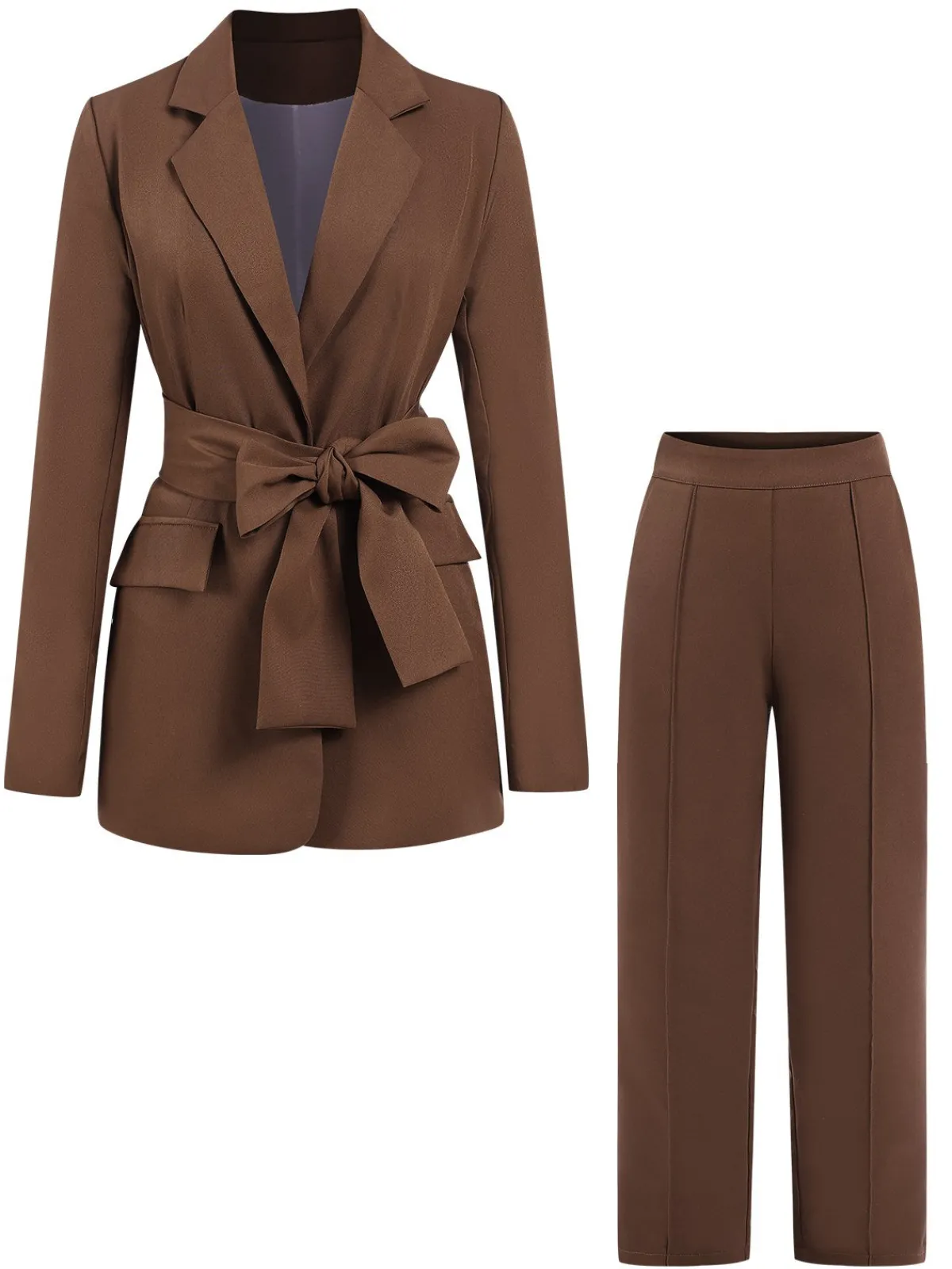 Outlet Retro Stage 2PCS 1960s Lace-up Blazer Coat & Pants Suit Set Brown