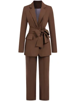 Outlet Retro Stage 2PCS 1960s Lace-up Blazer Coat & Pants Suit Set Brown