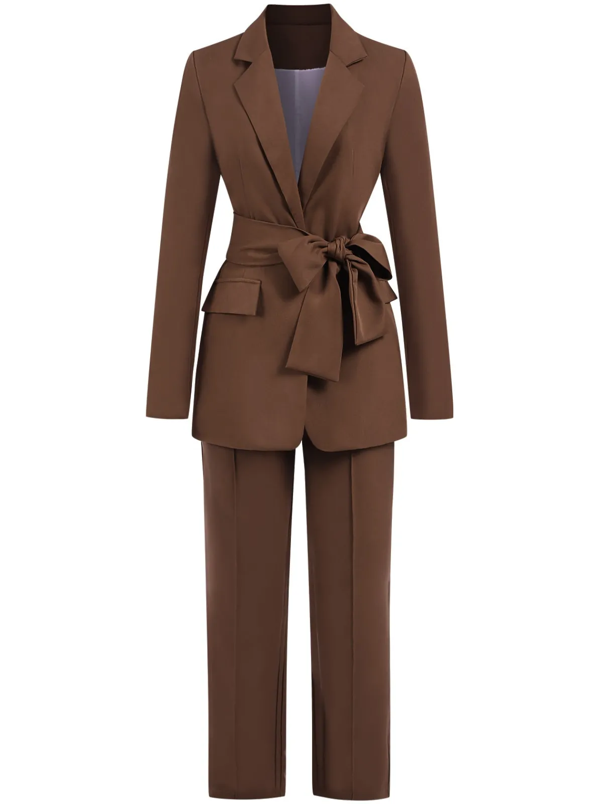 Outlet Retro Stage 2PCS 1960s Lace-up Blazer Coat & Pants Suit Set Brown