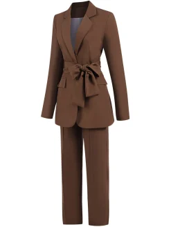 Outlet Retro Stage 2PCS 1960s Lace-up Blazer Coat & Pants Suit Set Brown