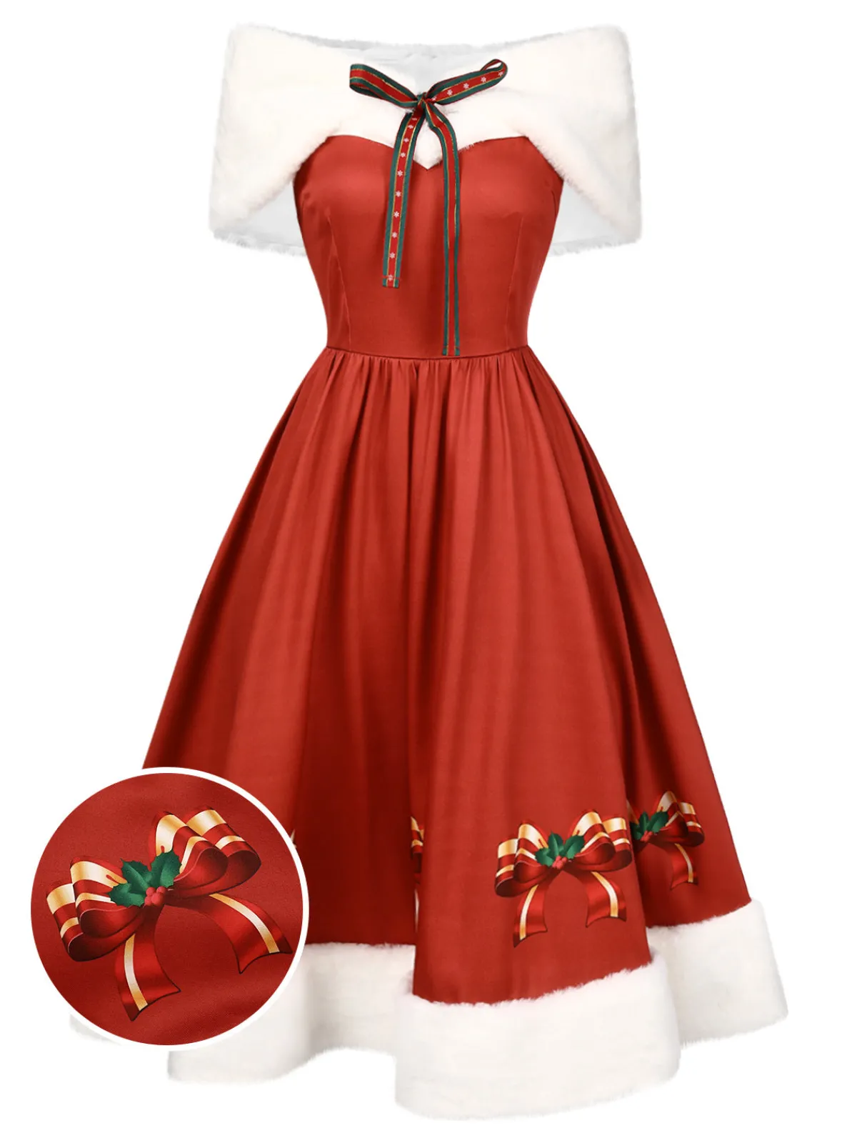 Discount Retro Stage 2PCS Christmas 1950s Strapless Bow Fur Dress & Shawl White & Red