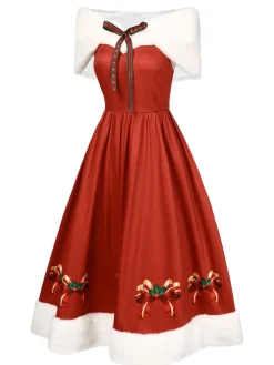 Discount Retro Stage 2PCS Christmas 1950s Strapless Bow Fur Dress & Shawl White & Red