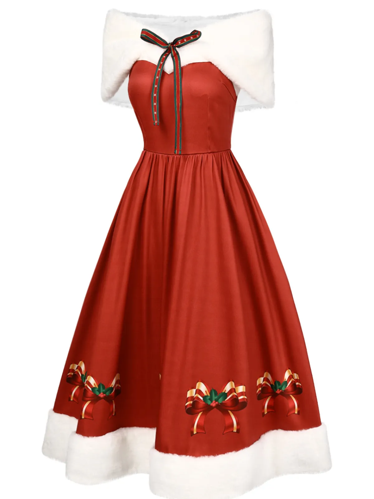 Discount Retro Stage 2PCS Christmas 1950s Strapless Bow Fur Dress & Shawl White & Red
