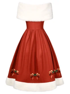 Discount Retro Stage 2PCS Christmas 1950s Strapless Bow Fur Dress & Shawl White & Red