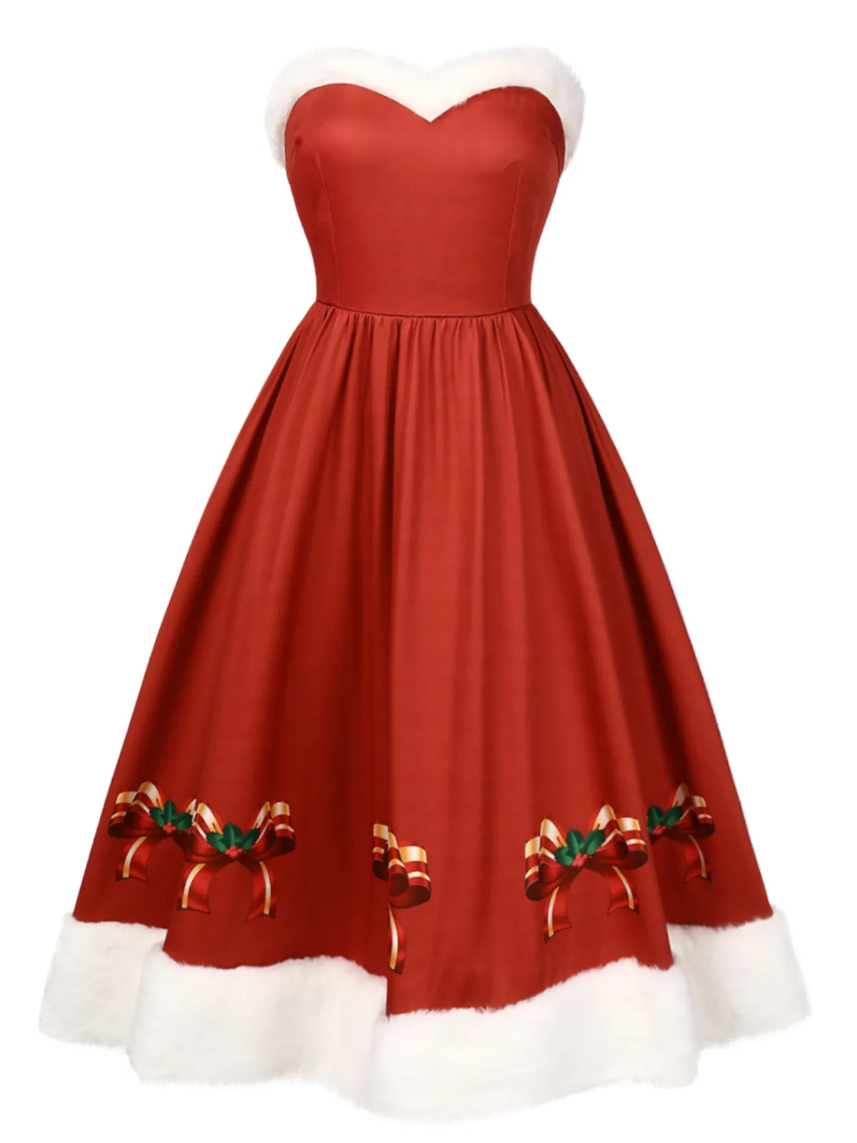 Discount Retro Stage 2PCS Christmas 1950s Strapless Bow Fur Dress & Shawl White & Red