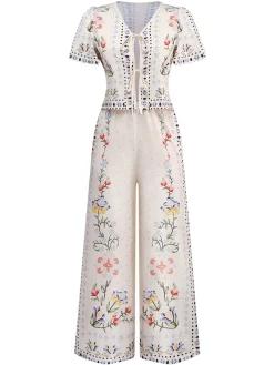 Fashion Retro Stage 2PCS 1950s Tropical Plants Boho Top & Pants Cream Color