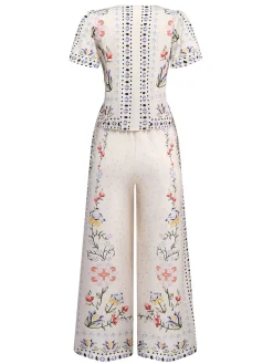 Fashion Retro Stage 2PCS 1950s Tropical Plants Boho Top & Pants Cream Color