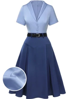 Best Retro Stage 2PCS 1950s Solid Lapel Blouse & Pleated Skirt Dark Blue