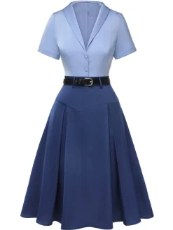 Best Retro Stage 2PCS 1950s Solid Lapel Blouse & Pleated Skirt Dark Blue