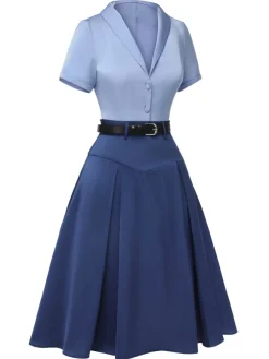 Best Retro Stage 2PCS 1950s Solid Lapel Blouse & Pleated Skirt Dark Blue