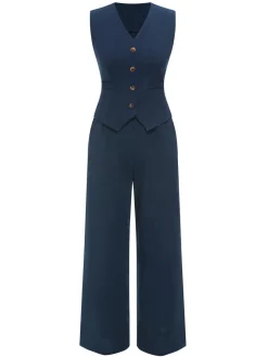 Fashion Retro Stage 2PCS 1960s Solid Sleeveless Blazer Suit Dark Blue