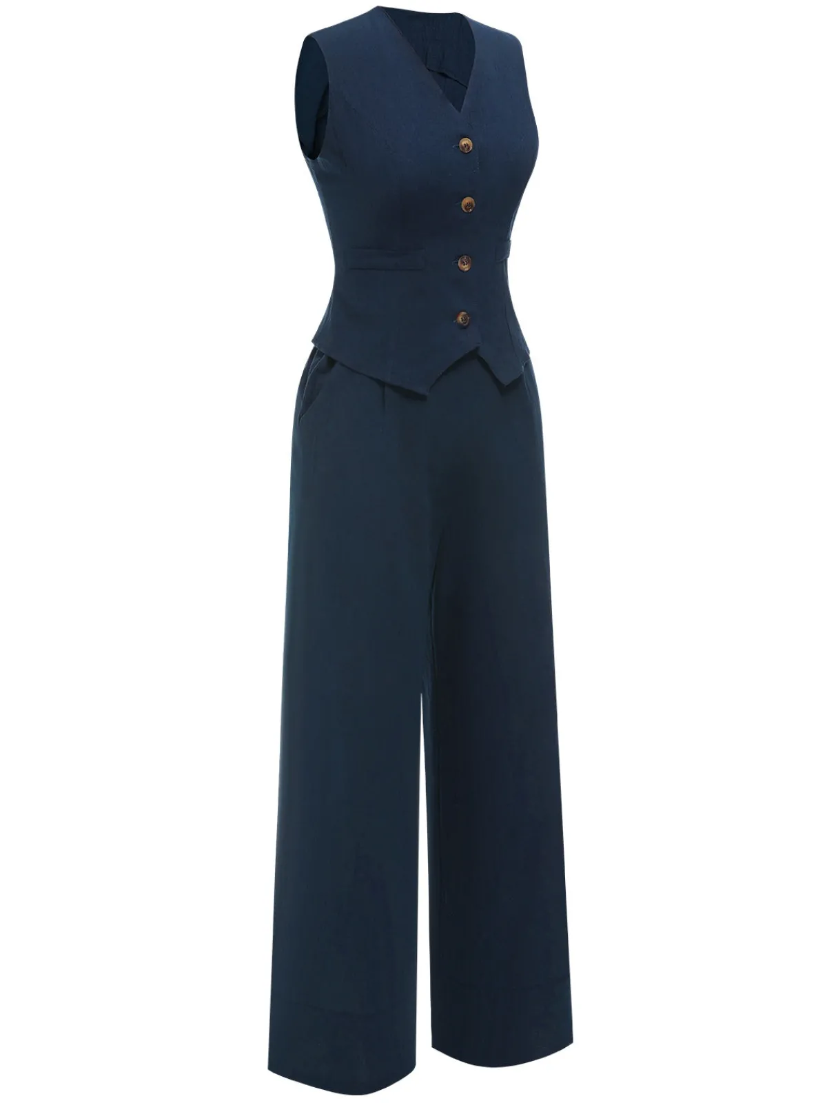 Fashion Retro Stage 2PCS 1960s Solid Sleeveless Blazer Suit Dark Blue