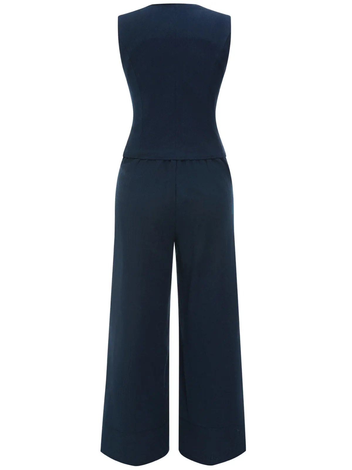 Fashion Retro Stage 2PCS 1960s Solid Sleeveless Blazer Suit Dark Blue