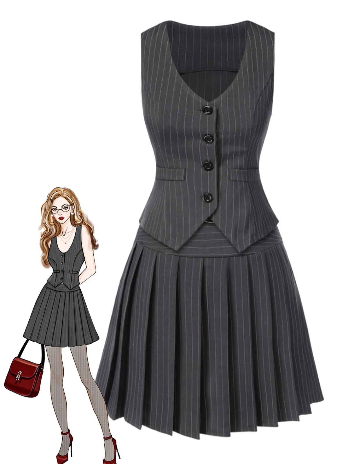 Best Retro Stage 2PCS Dark Gray 1960s Pinstripes Top & Pleated Skirt