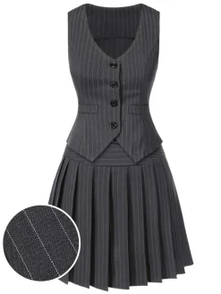 Best Retro Stage 2PCS Dark Gray 1960s Pinstripes Top & Pleated Skirt