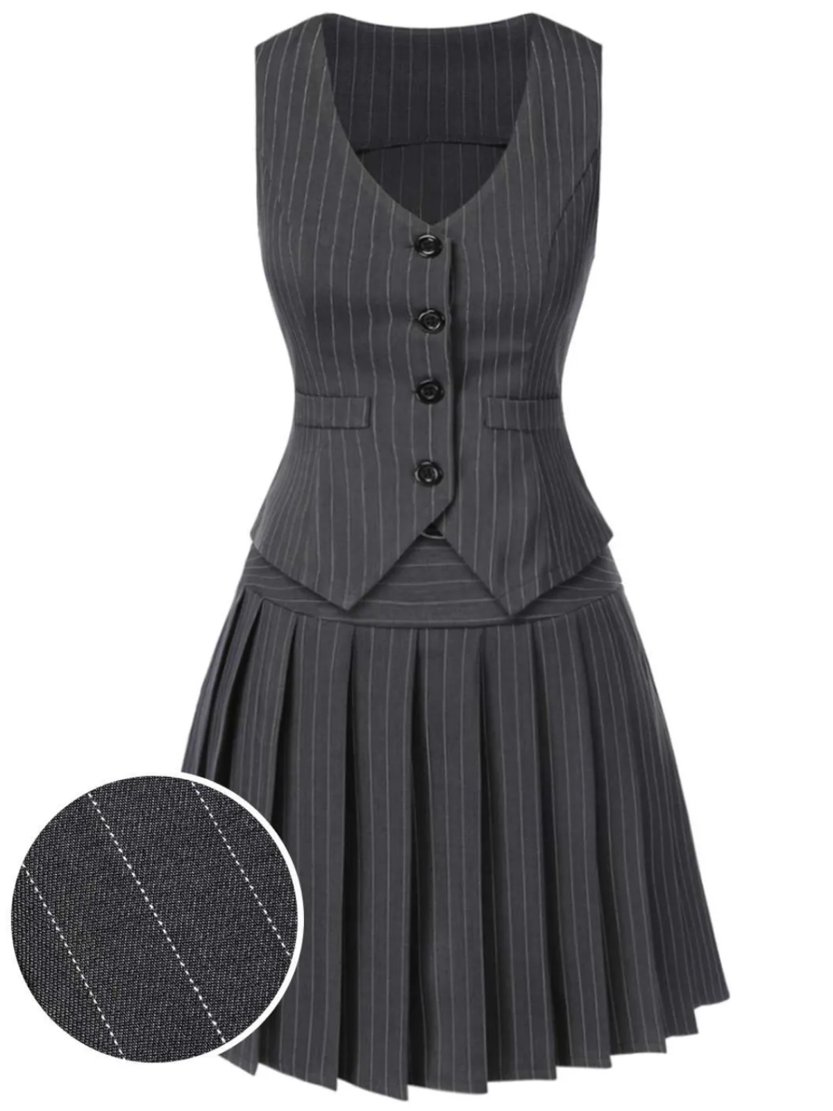 Best Retro Stage 2PCS Dark Gray 1960s Pinstripes Top & Pleated Skirt