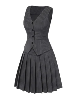 Best Retro Stage 2PCS Dark Gray 1960s Pinstripes Top & Pleated Skirt