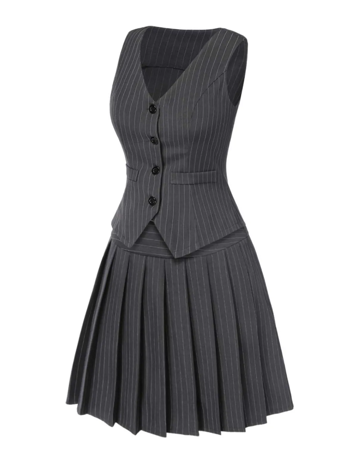 Best Retro Stage 2PCS Dark Gray 1960s Pinstripes Top & Pleated Skirt