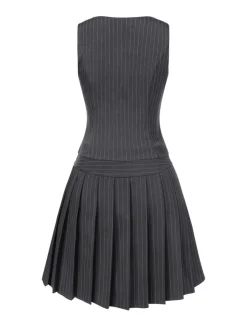 Best Retro Stage 2PCS Dark Gray 1960s Pinstripes Top & Pleated Skirt
