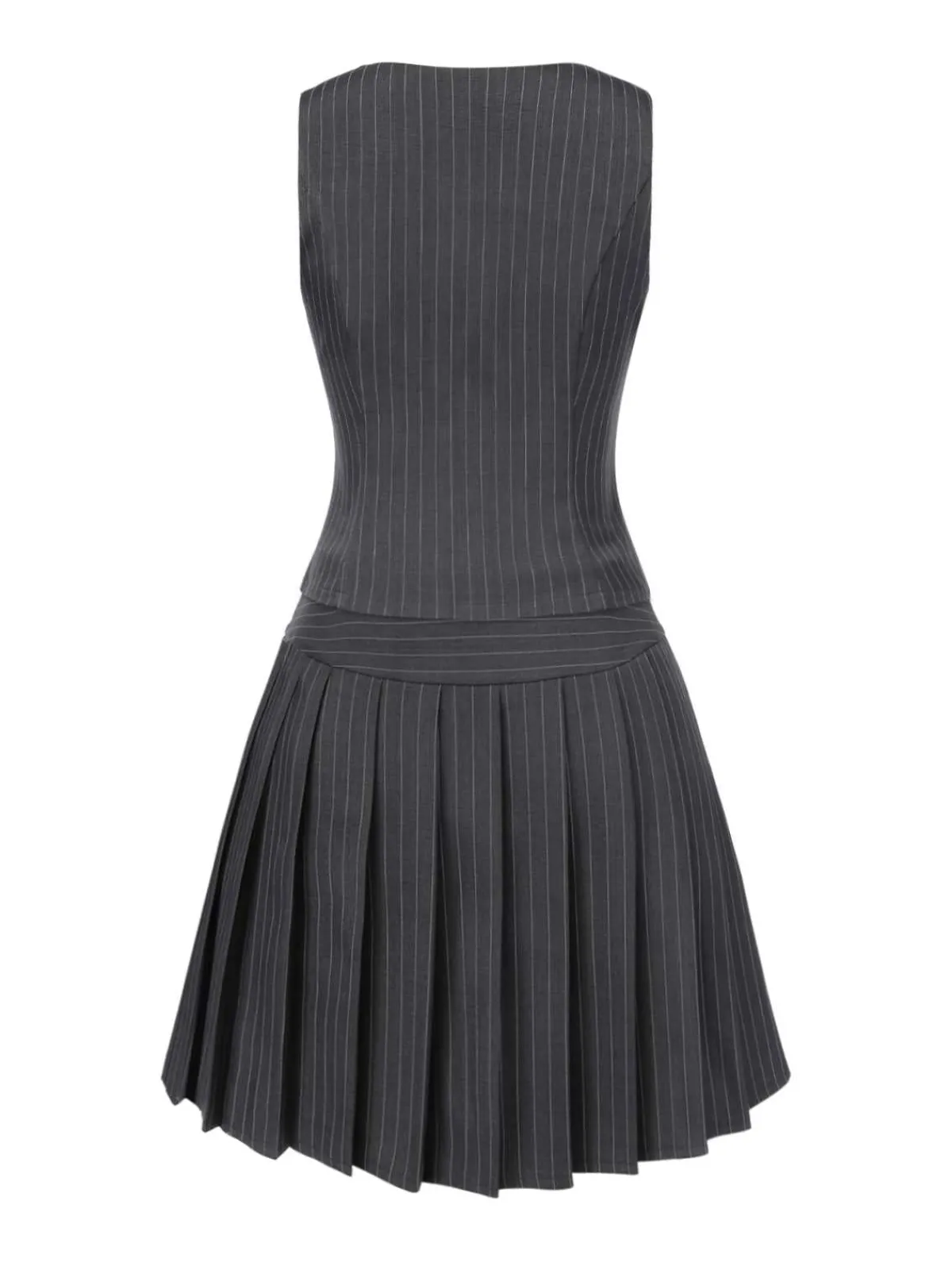 Best Retro Stage 2PCS Dark Gray 1960s Pinstripes Top & Pleated Skirt