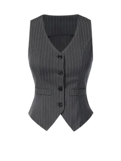 Best Retro Stage 2PCS Dark Gray 1960s Pinstripes Top & Pleated Skirt