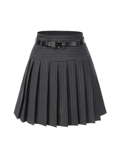 Best Retro Stage 2PCS Dark Gray 1960s Pinstripes Top & Pleated Skirt