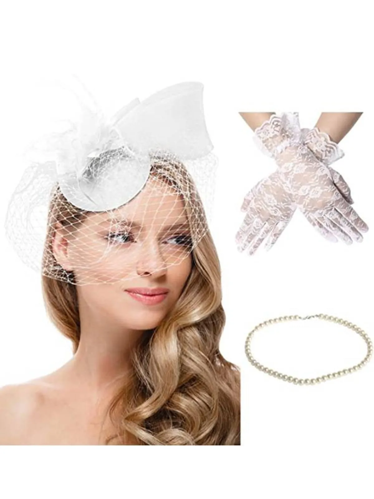 Outlet Retro Stage 3PCS Feather Hat And Necklace And Lace Gloves