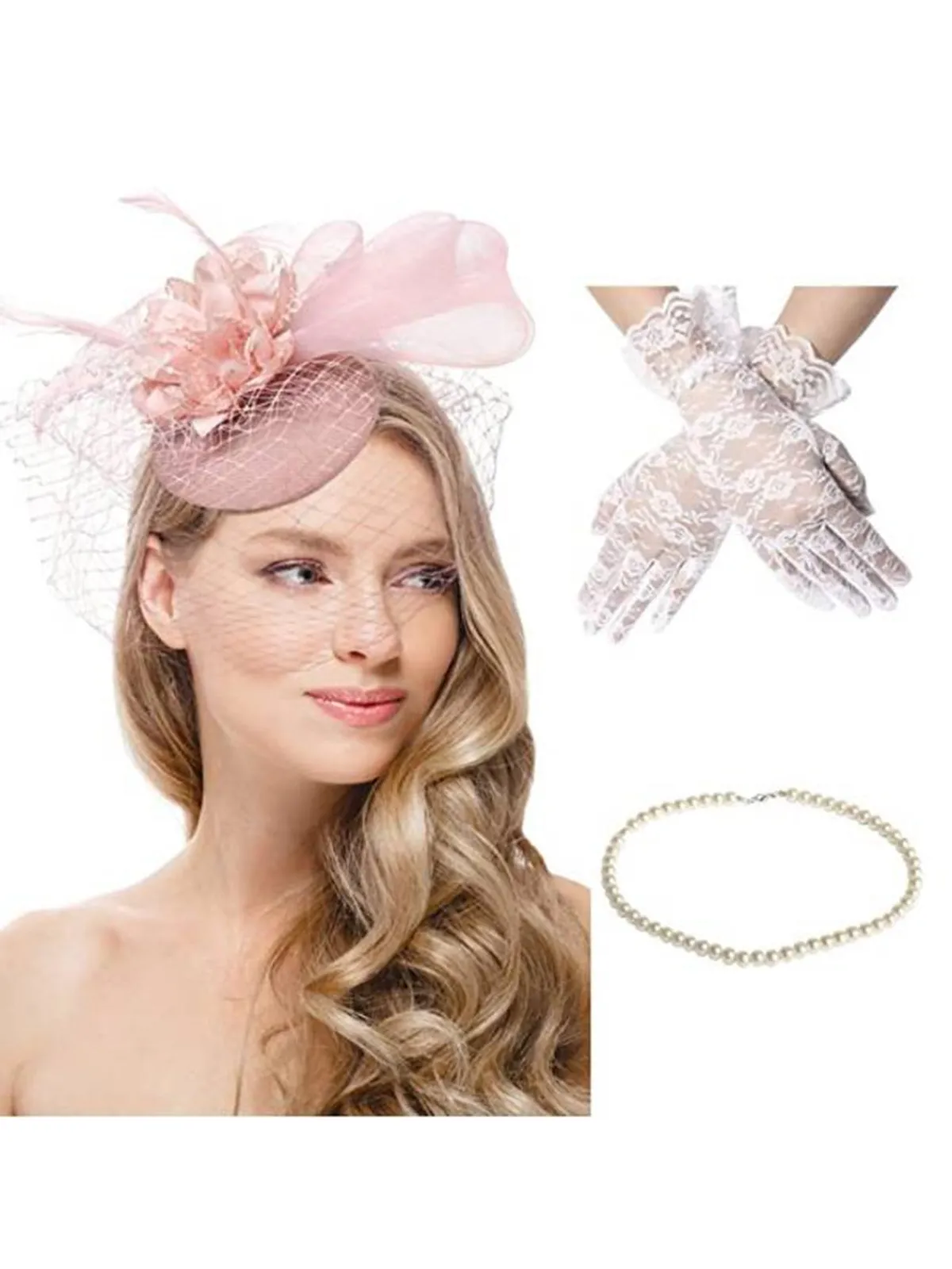 Outlet Retro Stage 3PCS Feather Hat And Necklace And Lace Gloves