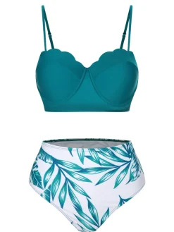 Sale Retro Stage 3PCS Green 1950s Ceramics Plant Prints Swimsuit & Cover-Up Ceramic Green