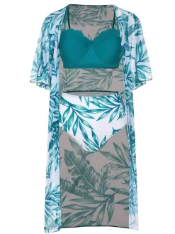 Sale Retro Stage 3PCS Green 1950s Ceramics Plant Prints Swimsuit & Cover-Up Ceramic Green