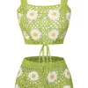 Sale Retro Stage 2PCS Green 1980s Daisy Knitted Top & Pants