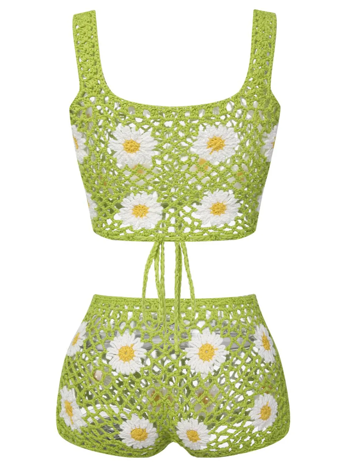Sale Retro Stage 2PCS Green 1980s Daisy Knitted Top & Pants