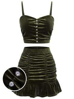 Best Retro Stage 2PCS 1960s Flannelette Ruffles Top&Skirt Green