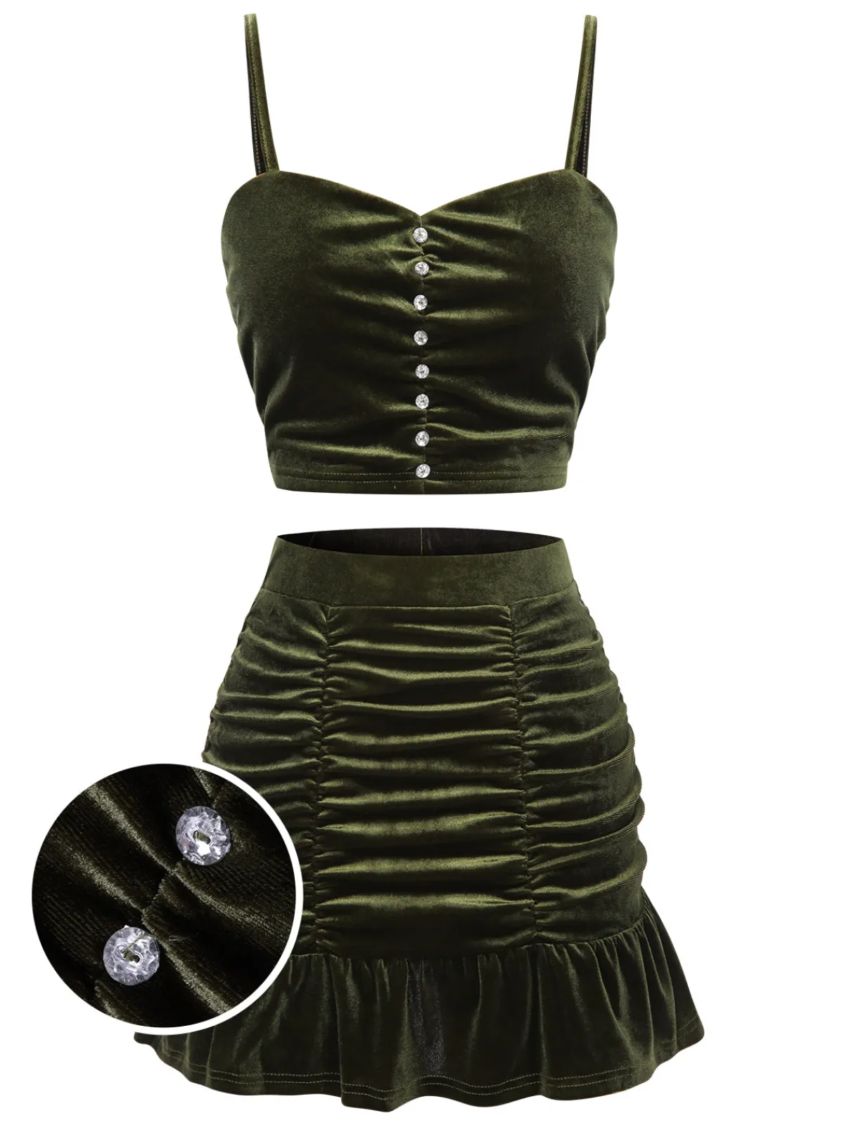 Best Retro Stage 2PCS 1960s Flannelette Ruffles Top&Skirt Green