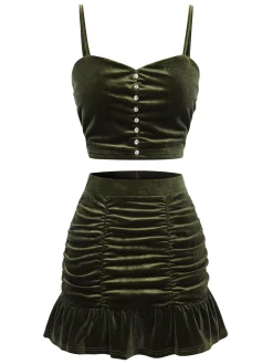Best Retro Stage 2PCS 1960s Flannelette Ruffles Top&Skirt Green