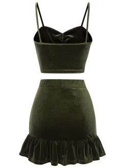 Best Retro Stage 2PCS 1960s Flannelette Ruffles Top&Skirt Green