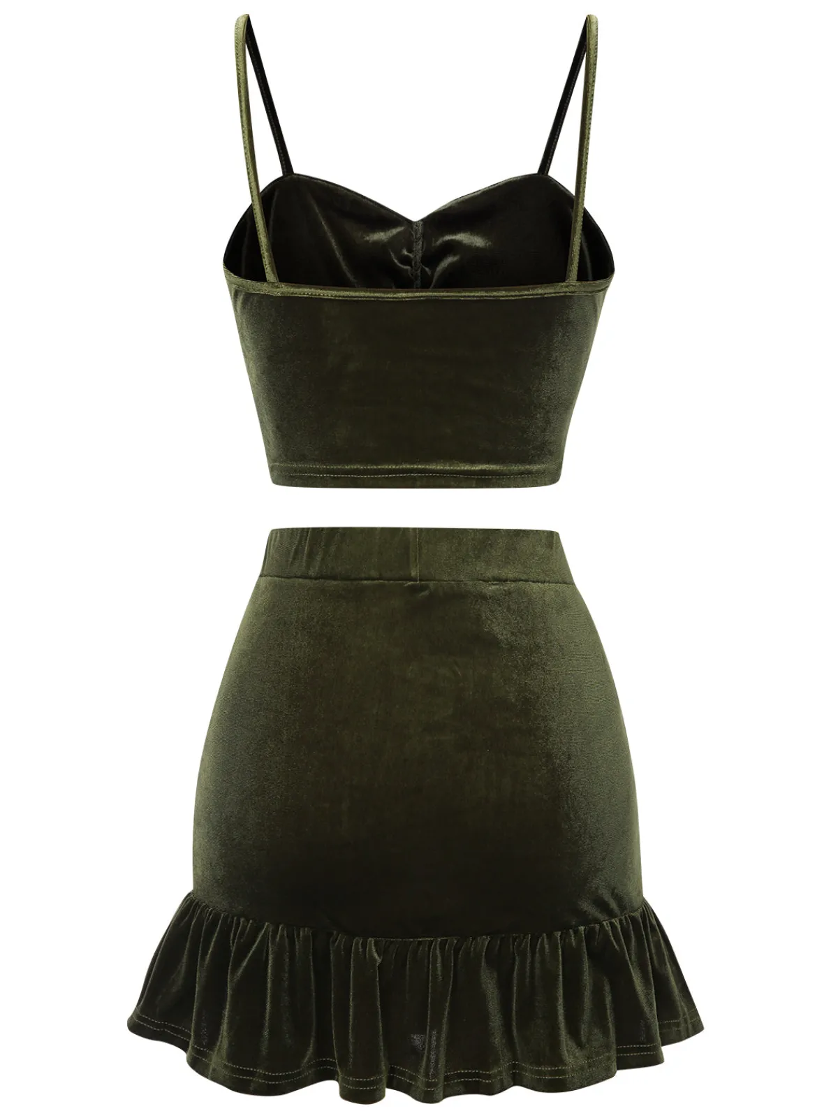 Best Retro Stage 2PCS 1960s Flannelette Ruffles Top&Skirt Green