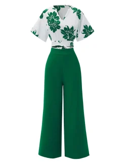 Sale Retro Stage 2PCS 1950s Floral Crop Top & High Waist Pants Green