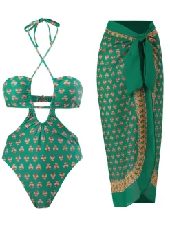 Discount Retro Stage 2PCS 1940s Flowers One-Piece Swimsuit & Cover-Up Green