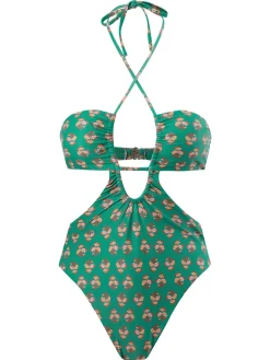 Discount Retro Stage 2PCS 1940s Flowers One-Piece Swimsuit & Cover-Up Green