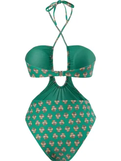 Discount Retro Stage 2PCS 1940s Flowers One-Piece Swimsuit & Cover-Up Green