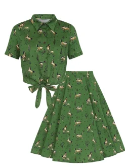 Hot Retro Stage 2PCS 1970s Horse Blouse Top & Skirt Green